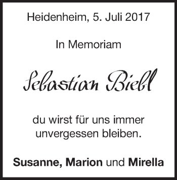 Traueranzeige von Sebastian Biebl 