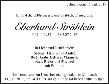 Traueranzeige von Eberhard Ströhlein von Heidenheimer Zeitung