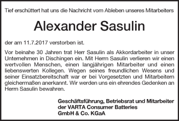 Traueranzeige von Alexander Sasulin von Heidenheimer Zeitung