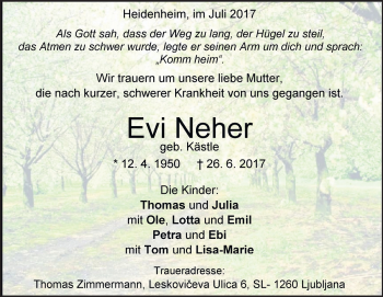 Traueranzeige von Evi Neher von Heidenheimer Zeitung