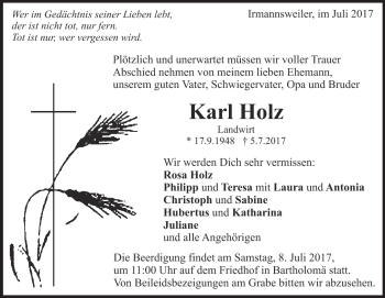 Traueranzeige von Karl Holz von Heidenheimer Zeitung