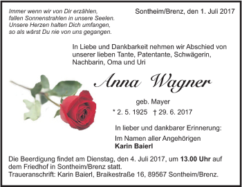 Traueranzeige von Anna Wagner von Heidenheimer Zeitung