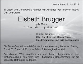 Traueranzeige von Elsbeth Brugger von Heidenheimer Zeitung