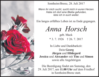 Traueranzeige von Anna Horsch von Heidenheimer Zeitung