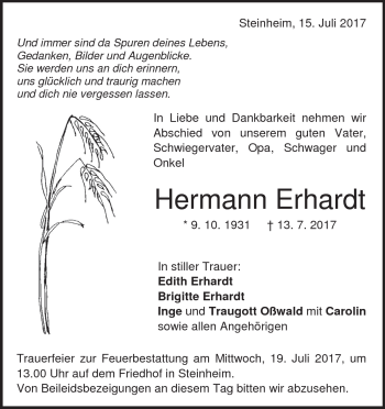 Traueranzeige von Hermann Erhardt von Heidenheimer Zeitung