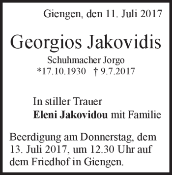 Traueranzeige von Georgios Jakovidis von Heidenheimer Zeitung