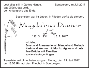 Traueranzeige von Magdalena Dauner von Heidenheimer Zeitung