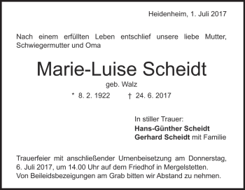 Traueranzeige von Marie-Luise Scheidt von Heidenheimer Zeitung