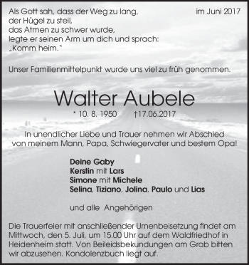 Traueranzeige von Walter Aubele von Heidenheimer Zeitung