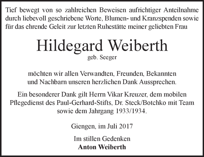  Traueranzeige für Hildegard Weiberth vom 15.07.2017 aus Heidenheimer Zeitung