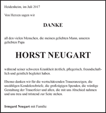 Traueranzeige von Horst Neugart von Heidenheimer Zeitung