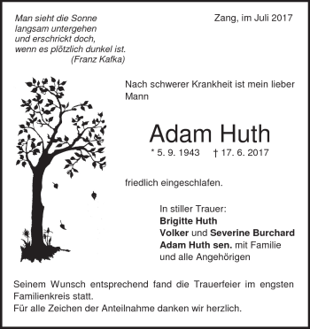 Traueranzeige von Adam Huth von Heidenheimer Zeitung