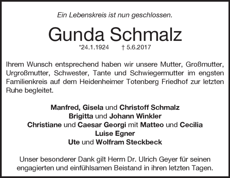  Traueranzeige für Gunda Schmalz vom 01.07.2017 aus Heidenheimer Zeitung