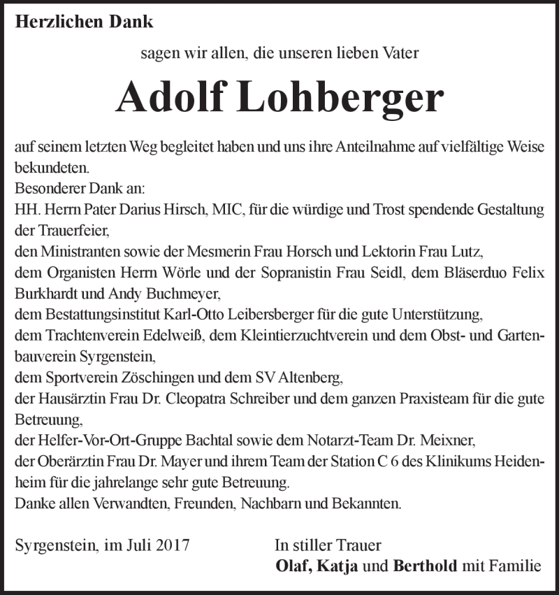  Traueranzeige für Adolf Lohberger vom 22.07.2017 aus Heidenheimer Zeitung