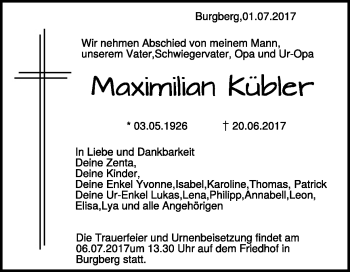 Traueranzeige von Maximilian Kübler von Heidenheimer Zeitung