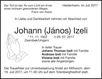 Traueranzeige von Johann Izeli von Heidenheimer Zeitung
