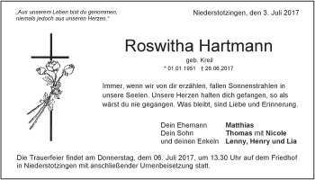 Traueranzeige von Roswitha Hartmann von Heidenheimer Zeitung
