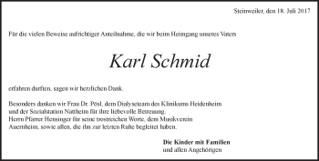 Traueranzeige von Karl  Schmid von Heidenheimer Zeitung