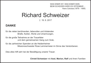 Traueranzeige von Richard Schweizer von Heidenheimer Zeitung
