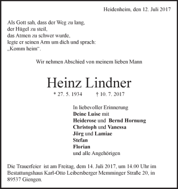 Traueranzeige von Hein Lindner von Heidenheimer Zeitung