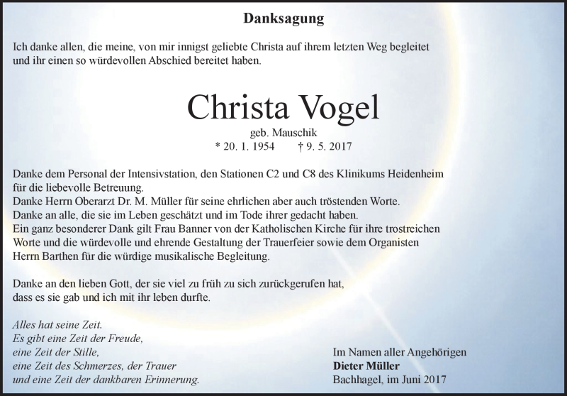  Traueranzeige für Christa  Vogel vom 01.07.2017 aus Heidenheimer Zeitung