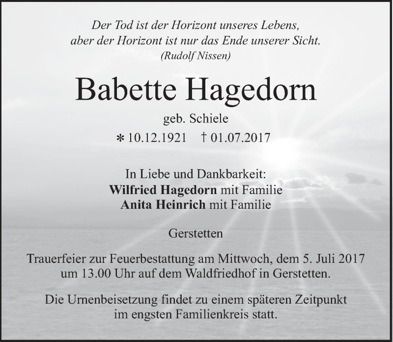  Traueranzeige für Babette Hagedorn vom 04.07.2017 aus 