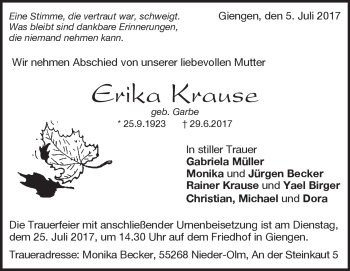 Traueranzeige von Erika Krause von Heidenheimer Zeitung
