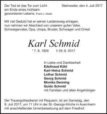 Traueranzeige von Karl  Schmid von Heidenheimer Zeitung