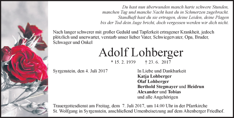  Traueranzeige für Adolf Lohberger vom 04.07.2017 aus Heidenheimer Zeitung