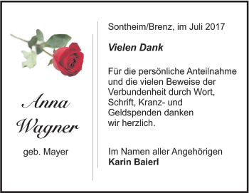 Traueranzeige von Anna Wagner von Heidenheimer Zeitung