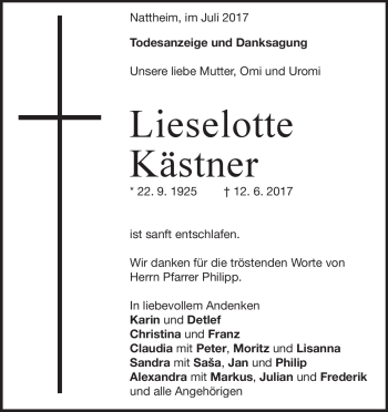 Traueranzeige von Lieselotte Kästner von Heidenheimer Zeitung