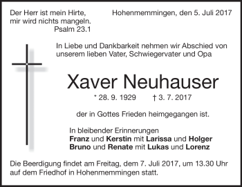 Traueranzeige von Xaver Neuhauser von Heidenheimer Zeitung