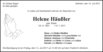 Traueranzeige von Helene Häußler von Heidenheimer Zeitung
