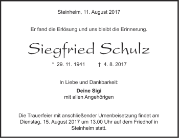 Traueranzeige von Siegfried Schulz von Heidenheimer Zeitung