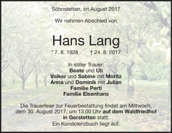 Traueranzeige von Hans Lang von Heidenheimer Zeitung