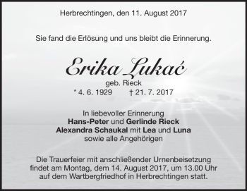 Traueranzeige von Erika Lukac von Heidenheimer Zeitung
