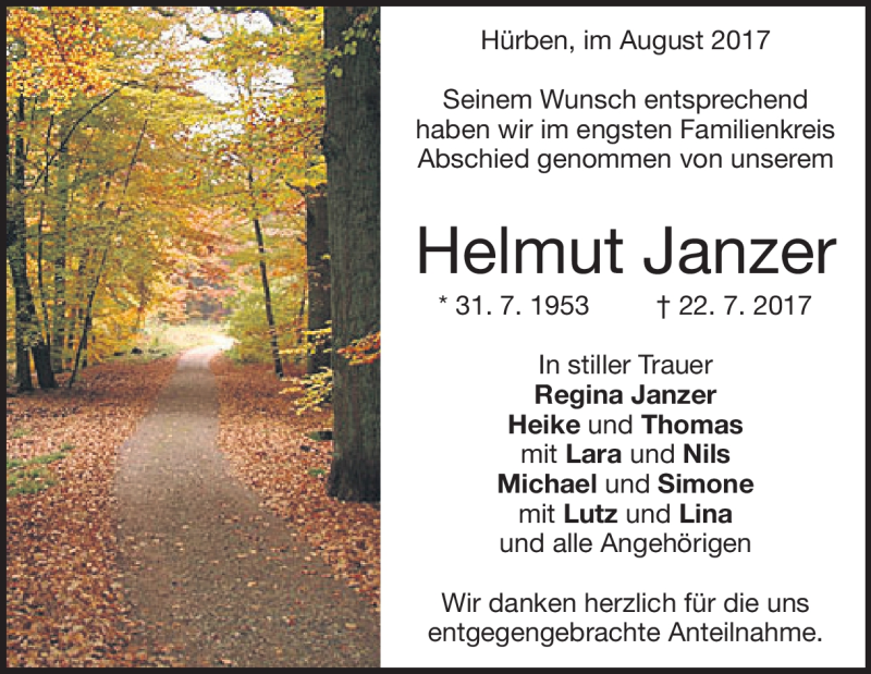  Traueranzeige für Helmut Janzer vom 05.08.2017 aus Heidenheimer Zeitung