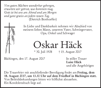 Traueranzeige von Oskar Häck von Heidenheimer Zeitung