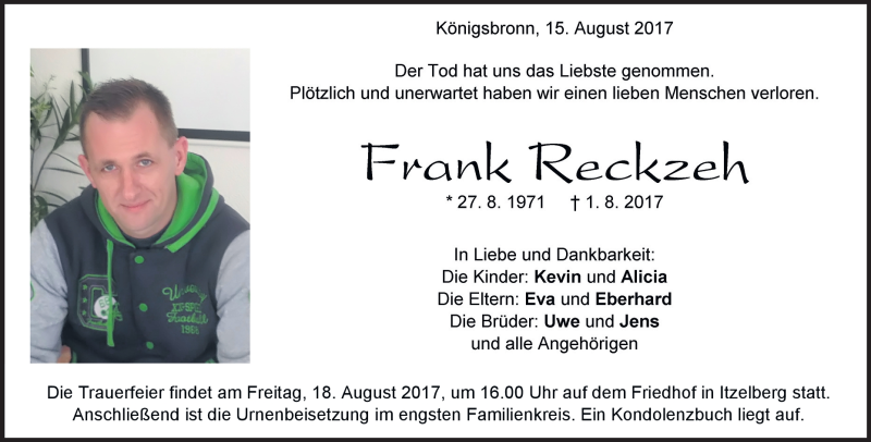  Traueranzeige für Frank Reckzeh vom 15.08.2017 aus Heidenheimer Zeitung
