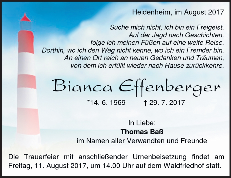  Traueranzeige für Bianca Effenberger vom 08.08.2017 aus Heidenheimer Zeitung