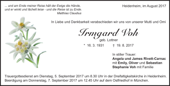 Traueranzeige von Irmgard  Voh von Heidenheimer Zeitung