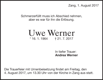 Traueranzeige von Uwe Werner von Heidenheimer Zeitung