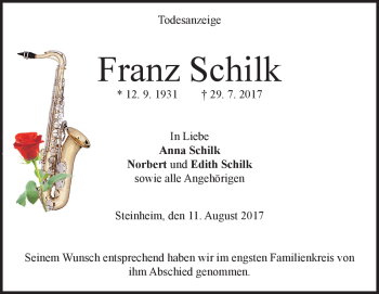 Traueranzeige von Franz Schilk von Heidenheimer Zeitung