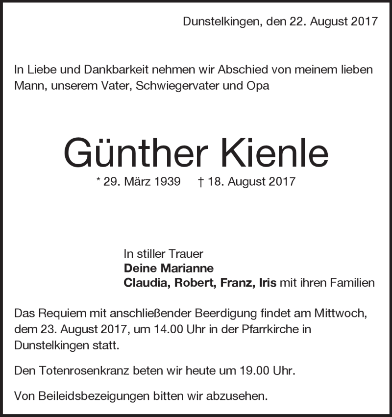  Traueranzeige für Günther Kienle  vom 22.08.2017 aus Heidenheimer Zeitung