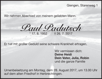 Traueranzeige von Paul Padutsch von Heidenheimer Zeitung