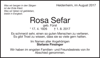Traueranzeige von Rosa Sefar von Heidenheimer Zeitung