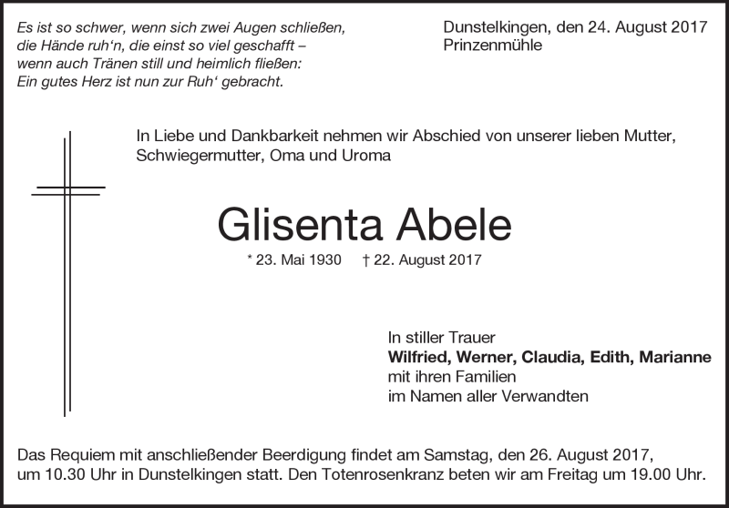  Traueranzeige für Glisenta  Abele vom 24.08.2017 aus Heidenheimer Zeitung