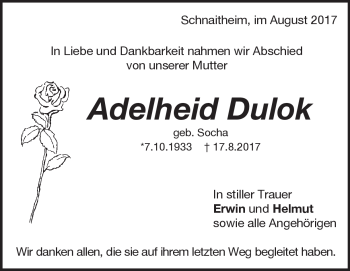 Traueranzeige von Adelheid Dulok von Heidenheimer Zeitung