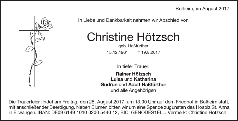  Traueranzeige für Christine Hötzsch vom 22.08.2017 aus Heidenheimer Zeitung