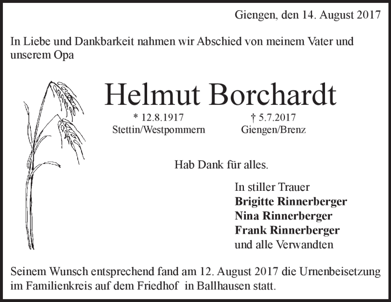  Traueranzeige für Helmut Borchardt vom 14.08.2017 aus Heidenheimer Zeitung